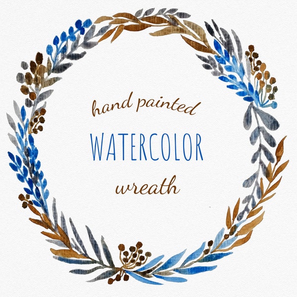 Blue and brown watercolor wreath clipart. Harvest wreath PNG. Fall Wedding wreath clipart digital