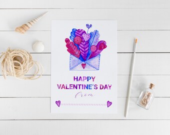 Love envelope card, printable Valentine's Day card. Watercolor card for school, kindergarden. Kid's Valentine Card. Classroom Valentine.