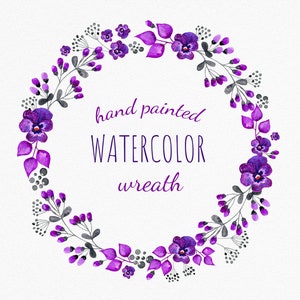 Clipart de guirnalda de violetas y corona de flores púrpuras. Acuarela corona pansies Clipart. Marco floral púrpura y gris. Descarga instantánea