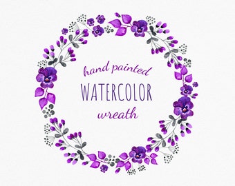 Violets and purple flower wreath clipart. Watercolor wreath pansies Clipart. Floral frame purple and grey. Instant download
