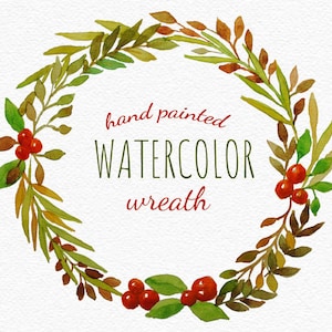 Watercolor fall wreath with berries clipart. Harvest frame clipart. Thanksgiving card PNG. Fall logo design