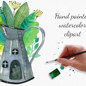 Clipart acquerello di una casa delle fate. Illustrazione estiva per bambini. Brocca grigia con fiori. Clipart per cameretta, scrapbooking, creazione di biglietti. Scarica