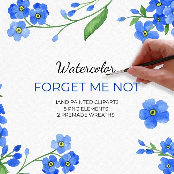 Forget me not flowers clip art set. Blue flowers and wreaths digital for wedding invitations, babyshower, greetings cards
