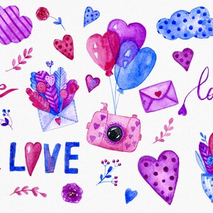 Valentine&#39;s day clipart, Watercolor Love Clipart set, pink love clipart, love letters, hearts, watercolour romance, PNG. Instant download