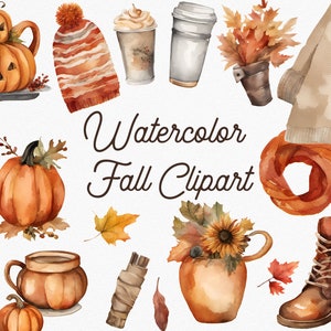 Cozy Fall, watercolor autumn clipart, halloween pumpkins, fall png graphics, leaves, bouquets, autumn clothes, pumpkin spice latte, download