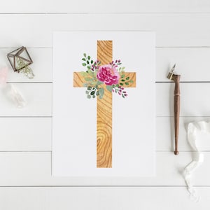 Aquarell Blumen Kreuz Clipart, Holzkreuz mit Rosen PNG. Religiöses Ostern Clipart, Taufe, Erstkommunion. Sofortiger Download