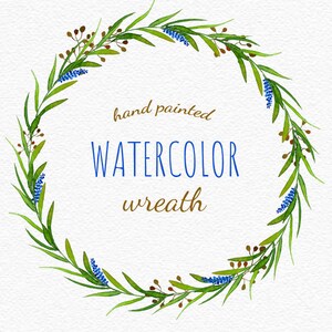 Druivenhyacintkrans, png. Blauwe en groene krans clipart. Aquarel krans direct downloaden. Floral illustraties.