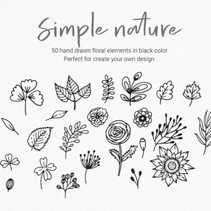Simple nature. Hand drawn floral clipart, Doodle Clipart, Black Design Elements, flower and branches, floral dividers clipart. PNG, EPS, SVG