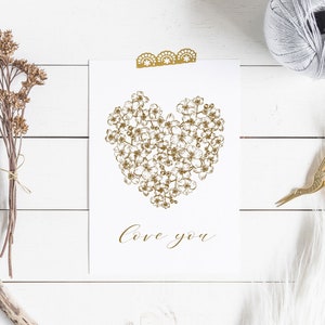 Cartão boho para o Dia dos Namorados. Cartão de Dia dos Namorados para imprimir. Cartão de amor vintage com coração floral. Cartão romântico delicado. Baixar