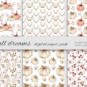 Sueños de otoño papeles digitales. Set de 6 diseños de otoño acuarela con calabazas y hojas. Patrones de Acción de Gracias sin costuras 4000x4000 px, JPEG