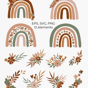Set clipart floreale Boho Rainbow, colori naturali, verde polveroso pastello, marrone, bouquet di fiori di rosa, vivaio, EPS, SVG, PNG. Download istantaneo