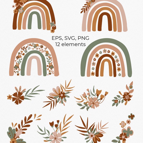 Boho Rainbow floral clipart set, natural colors, pastel dusty green, brown, rose flower bouquets, nursery, EPS, SVG, PNG. Instant Download