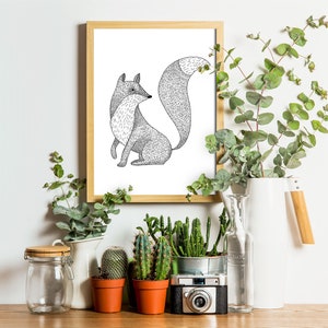 Hand drawn Fox Illustration digital. Fox Printable wall art. Instant download. Line Art. Wall Decor, Black and white minimal poster