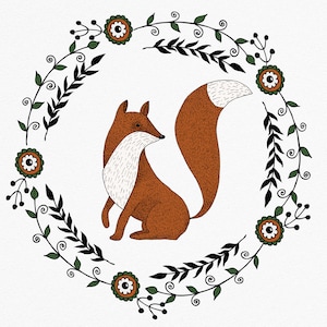Fox and floral wreath clipart. Folk art.  Fox png, fox illustration, winter greeting, christmas card DIY, fox illustration. Download