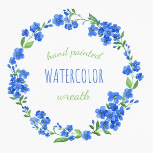 Clipart de couronne aquarelle bleue peinte à la main. Couronne de fleurs d'été PNG. Clipart myosotis et feuilles vertes. Carte d'invitation DIY.