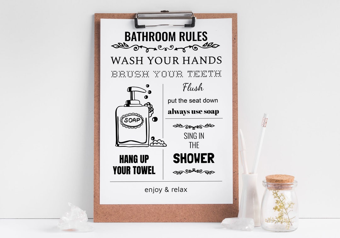 Bathroom Rules Printable Illustration Digital, Bathroom Decor JPG ...