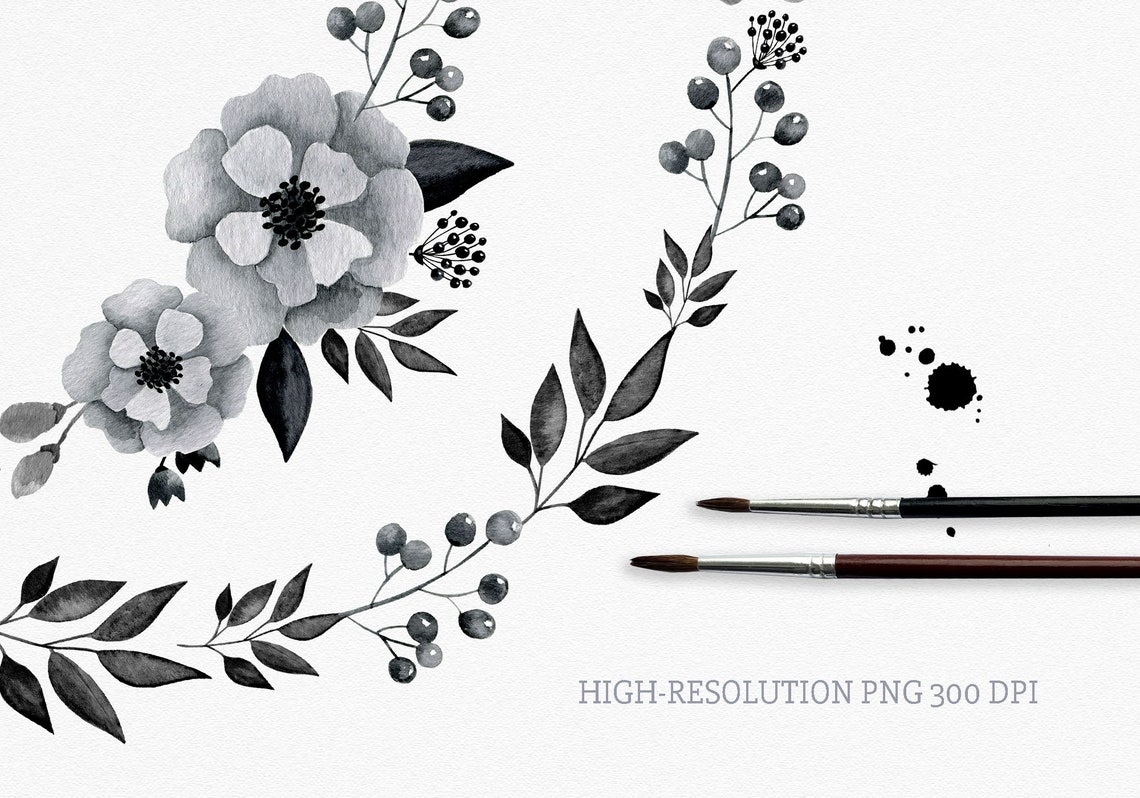 Black White Watercolor Wreath. Watercolor Leaves and Black - Etsy