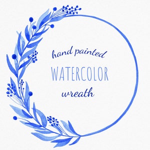 Blue watercolor wreath clip art. Blue flowers  frame PNG. Confirmation invitation, wedding card, babyshower card, logo design.