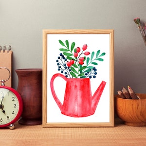 Red jug, pitcher with red berries clipart. Chritsmas  Floral Illustration, Winter foliage card, New Home Gift. Kitchen wall art