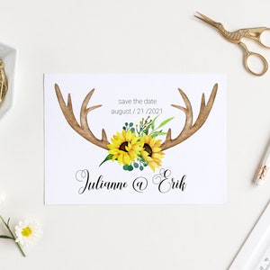 Aquarell Geweih Sonnenblumen Clipart, Geweih Sonnenblume, Hirsch, Eukalyptusblätter, Geweih Sommer Hochzeit Einladung, Brautparty
