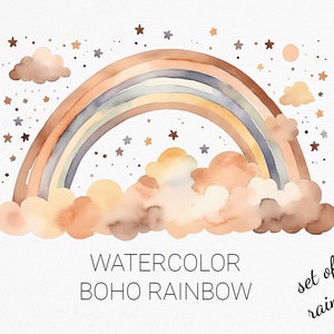 Boho-regenboog, pastelkleuren. Set van 3 aquarel regenbogen. Kinderkamer, illustraties voor kinderen. Downloaden