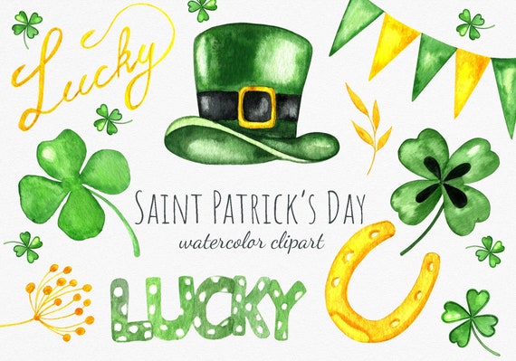 St Patrick S Day Cliparts Watercolor Clip Art Shamrock Etsy