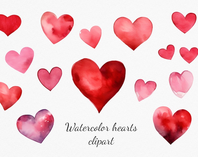 Watercolor Red and Pink Hearts Clipart. Valentines Day Clipart, Wedding ...