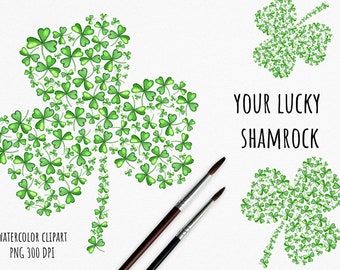 Green lucky shamrock, Watercolor Shamrock Clovers Clipart, St Patty's Day Graphic, Spring Luck png, Irish march clipart.  Download