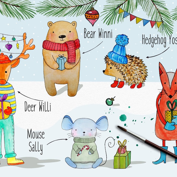 Christmas Woodland Animals Clipart. Hand Painted  Watercolor Children Illustration. Fox, deer, bear, hedgehog, mouse PNG. Nursery Art.