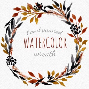 Clipart de guirlanda de outono em aquarela. Moldura floral preta e marrom. Convite de casamento no outono. Design de logotipo. Download instantâneo.