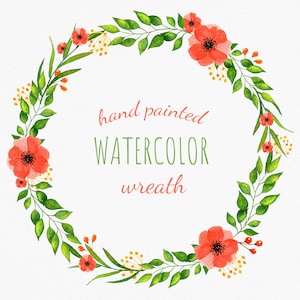 Red summer flowers wreath clipart. Poppies, berries and green leaves frame PNG for cards, invitaions and logo design.