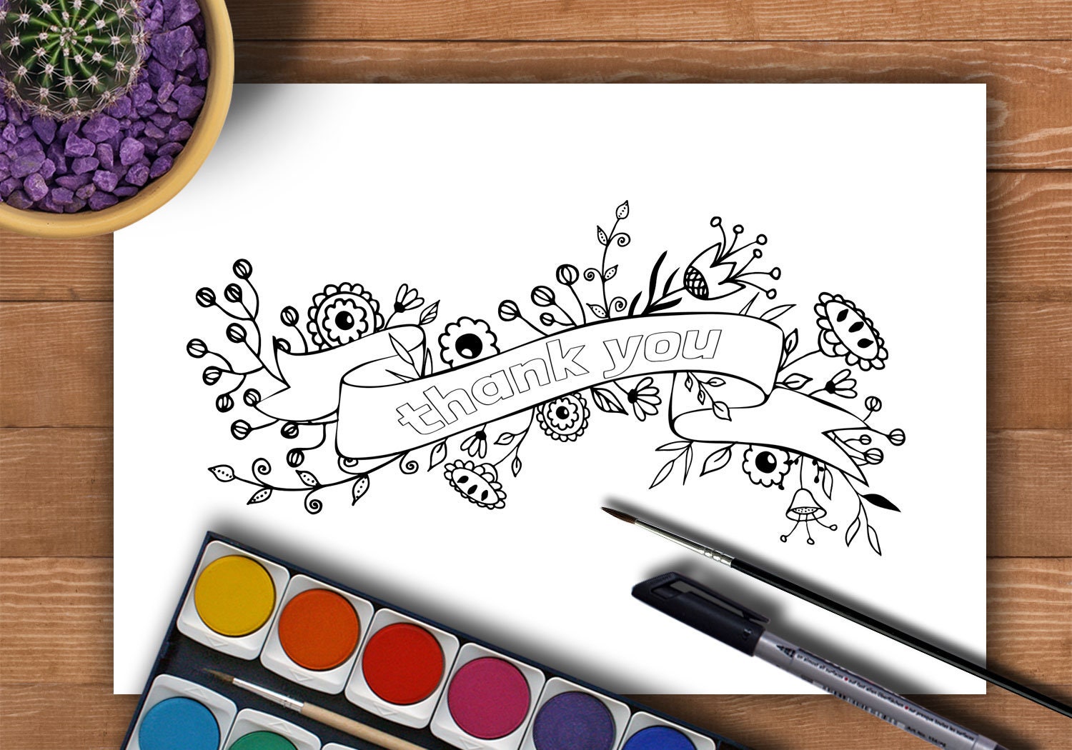 THANK YOU Card PDF. Big Coloring Card Printable. Coloring Page for