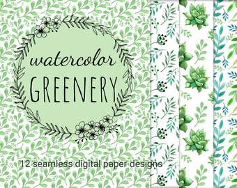 Watercolor Green Leaves and Branches Seamless Digital Paper for instant download. Greenery Seamless Pattern 10" x 10" JPG