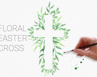 Watercolor Easter Cross Clipart, Floral Green Leaves (PNG Digital Download)