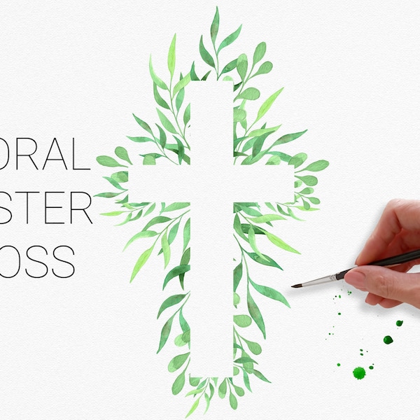 Watercolor hand painted floral religious easter cross clipart. Decorative traditional symbol clipart with pastel green leaves PNG.  Download