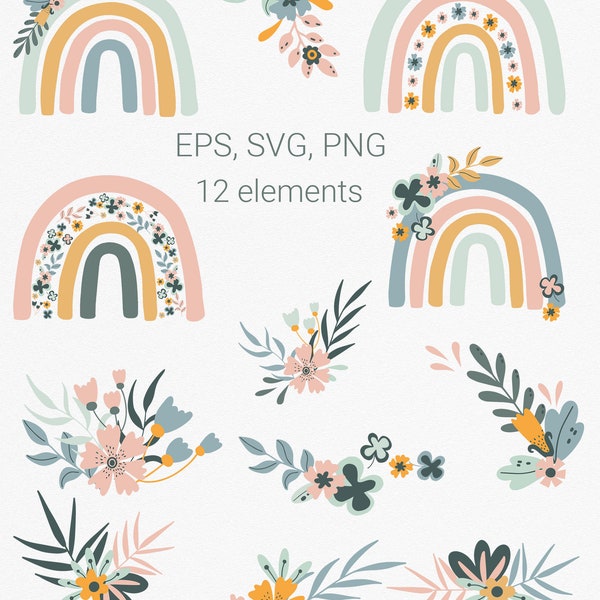 Conjunto de imágenes prediseñadas florales Boho Rainbow, colores naturales, azul rosa polvoriento pastel, ramos de flores, clipart de vivero, EPS, SVG, PNG. Descarga instantánea