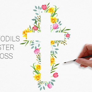 Clipart croix de pâques jonquilles. Clipart symbole religieux traditionnel avec fleurs printanières PNG. Clipart croix florale. Communion. Télécharger