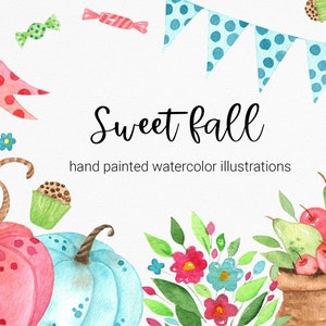 Clipart de outono. Abóboras rosa e azul em aquarela, maçãs PNG, guirlandas de outono, padrões fofos, banners, designs de cartões de abóbora prontos. PNG
