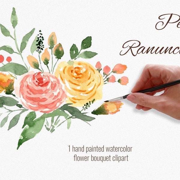 Peach flowers bouquet. Watercolor ranunculus clipart. One Floral arrangement for making cards, wedding invites, mugs, tshirts. Digital file