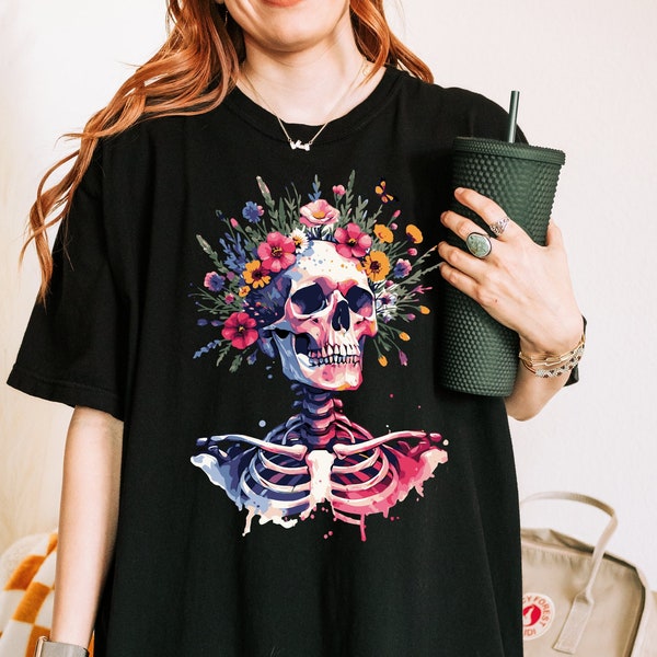 Skull and Flowers Mental Health ADHD Shirt for Women Oversized Comfort Colors® Tee with Watercolor Floral Skellie