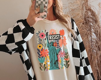 Camiseta de la Estatua de la Libertad, con arte floral de protesta: Comfort Colors® Unisex, tallas S a 4XL