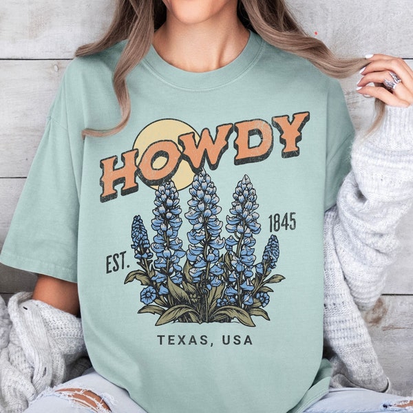 Howdy Texas Bluebonnets Shirt Grafisch T-shirt, Vintage Geïnspireerd Texas Hill Country Esthetisch T-shirt voor dames