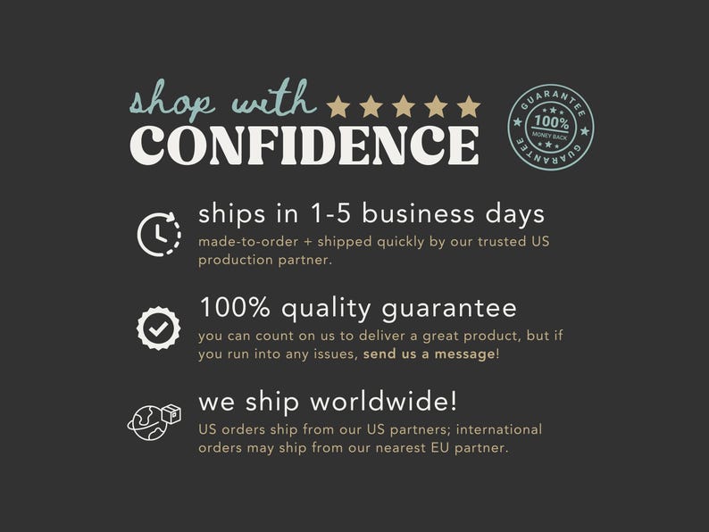The image is a promotional graphic for a company that emphasizes confidence in their shipping services. It features a logo, text, and icons to convey the company's guarantee of fast shipping, quality, and worldwide shipping options.