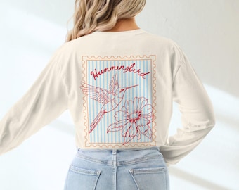 Camiseta de manga larga Coquette Hummingbird, estampado delantero y trasero, Comfort Colors® Unisex Tallas S a 3XL