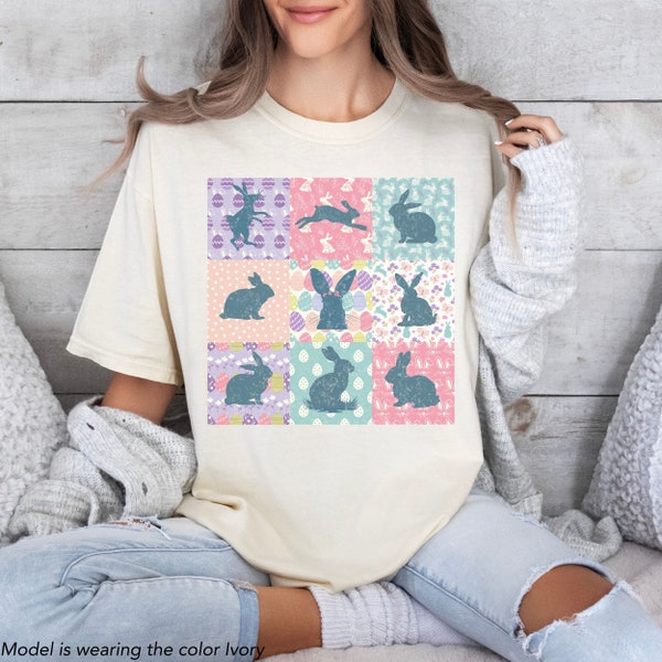 Farmhouse Easter Rabbit Shirt Boho Aesthetic Quilt T-shirt Gift for Women Baby Bunny with Flowers for Rabbit Lovers