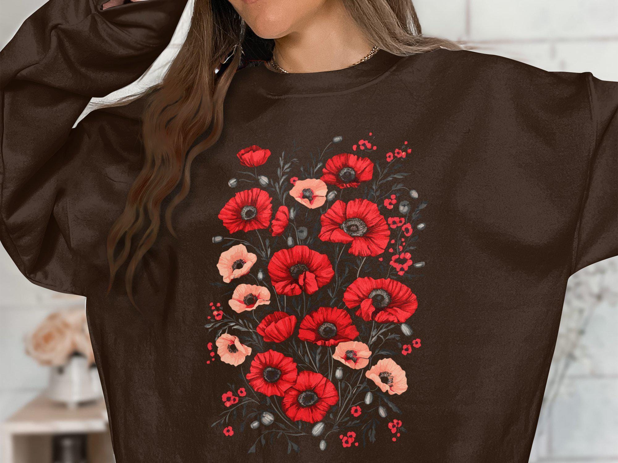 Floral Poppy Sweatshirt, Vintage Botanical Design Sweatshirt, Boho 