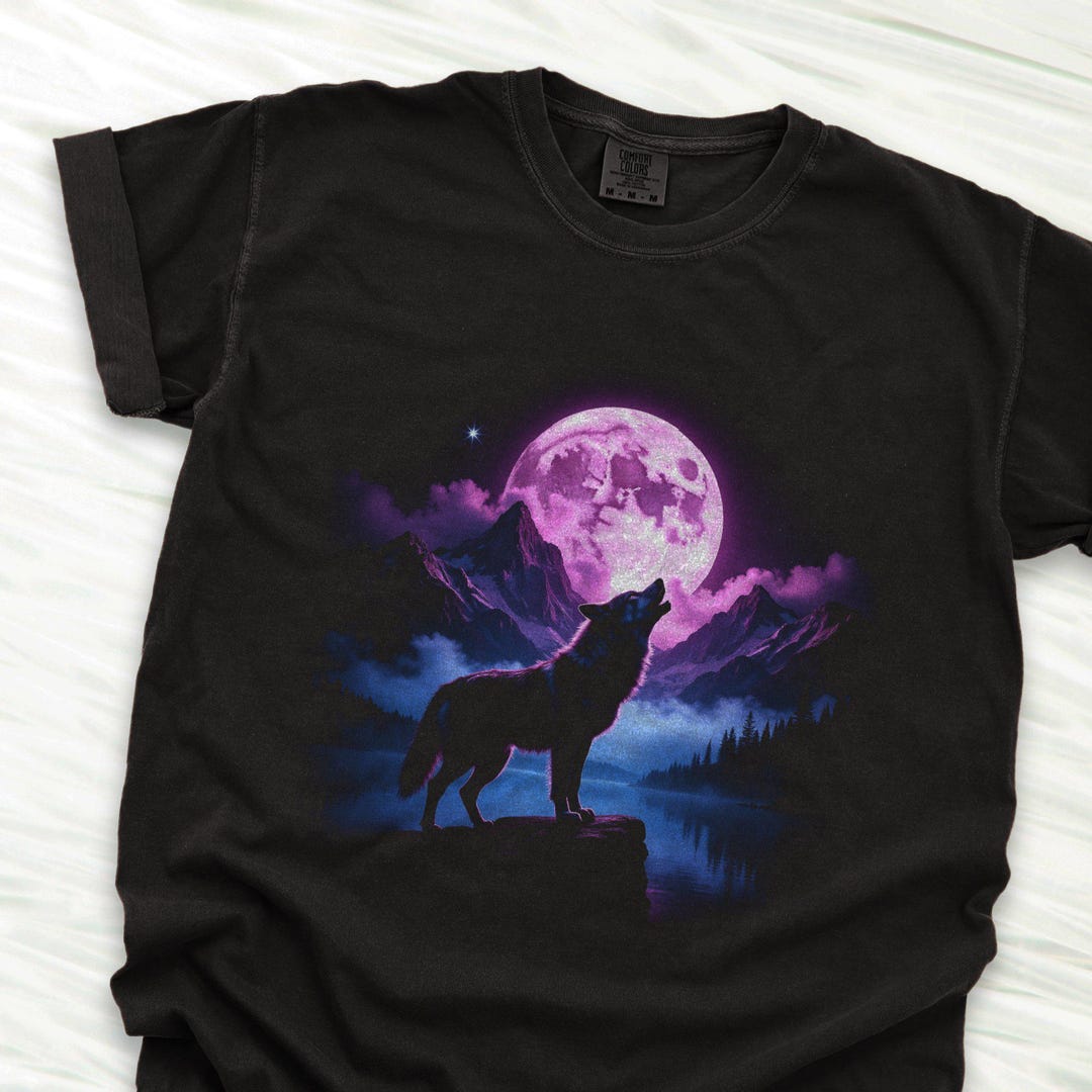 Retro 90s Wolf Shirt, Howling Wolf Graphic Tee, Neon Moon Wolf Shirt ...