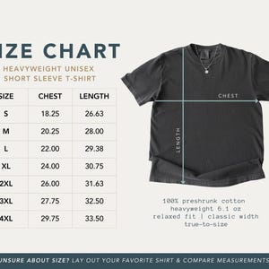 The image is a size chart for a heavyweight unisex short sleeve t-shirt. It provides measurements for different sizes, including S, M, L, XL, 2XL, and 3XL, along with corresponding chest and length measurements. The chart also includes a 100% cotton weight and relaxed fit, which are important factors to consider when choosing a t-shirt. The chart encourages the viewer to lay out their favorite shirt and compare measurements to ensure a proper fit.