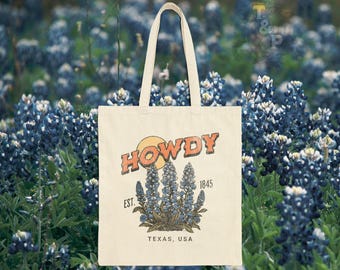 Texas Bluebonnet Tote Bag Canvas Cute Tote Bag for Texas Teacher Gifts for Teacher Appreciation Week 15&quot; x 16&quot; Book Bag or Library Book Bag