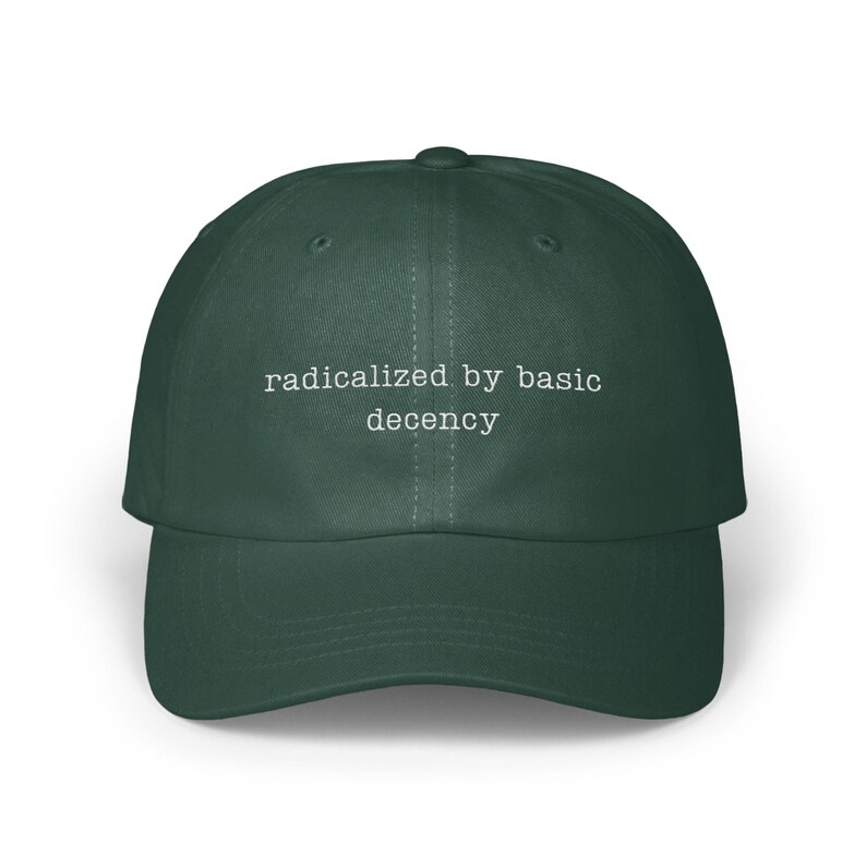 Radicalized by Basic Decency Hat, Funny Quote Cap, Unique Statement Headwear, Trendy Embroidered Baseball Hat for Men and Women